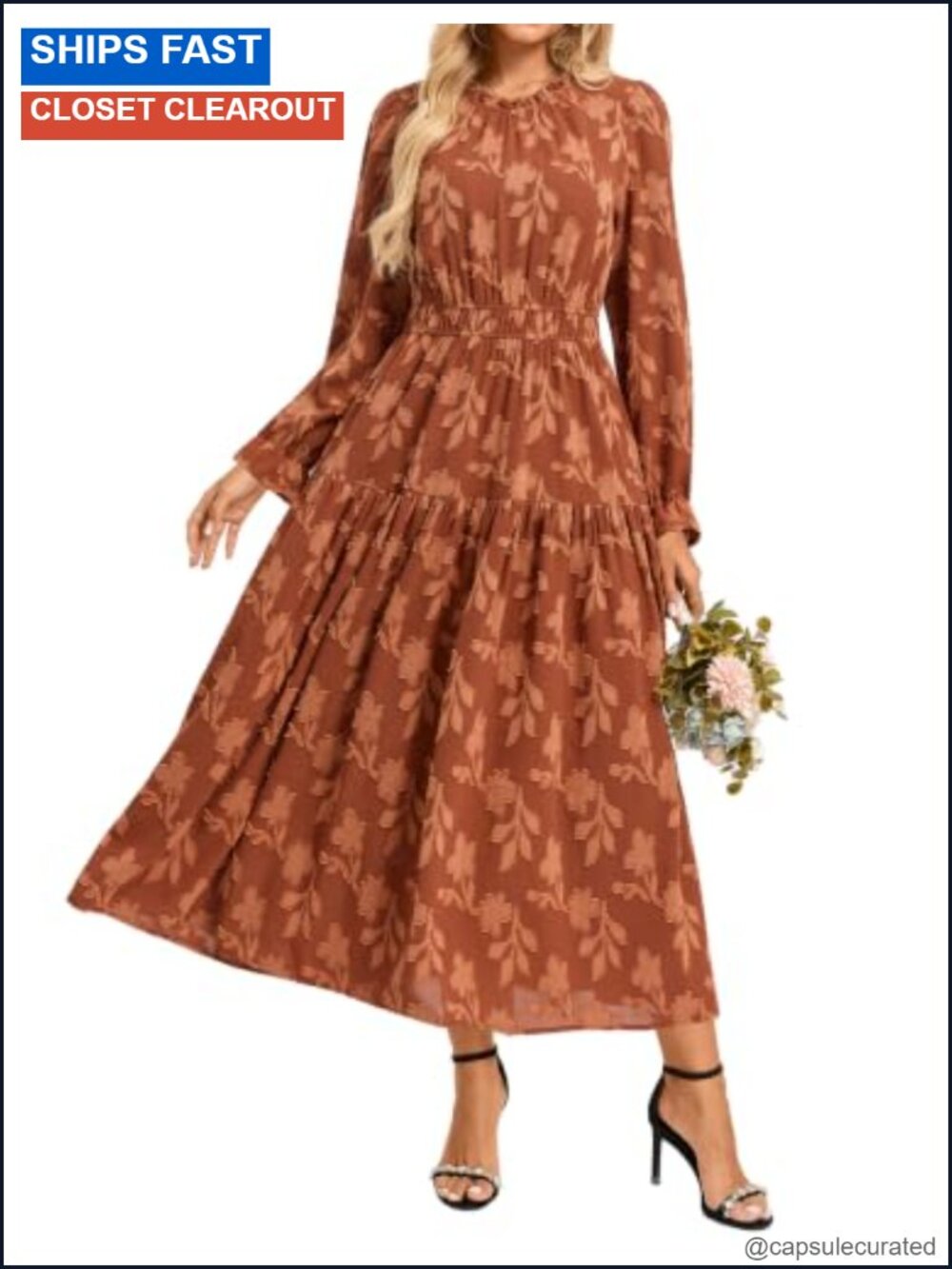 Women's Floral Midi Dress Long Sleeve Elastic Waist Tiered A-Line Pockets